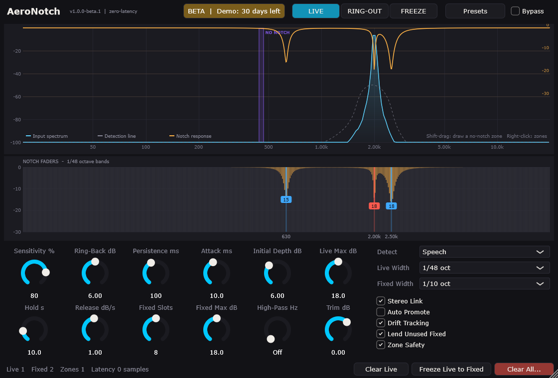 The AeroNotch window: a real-time spectrum with the notch response drawn on top, notch faders below, and the controls.
